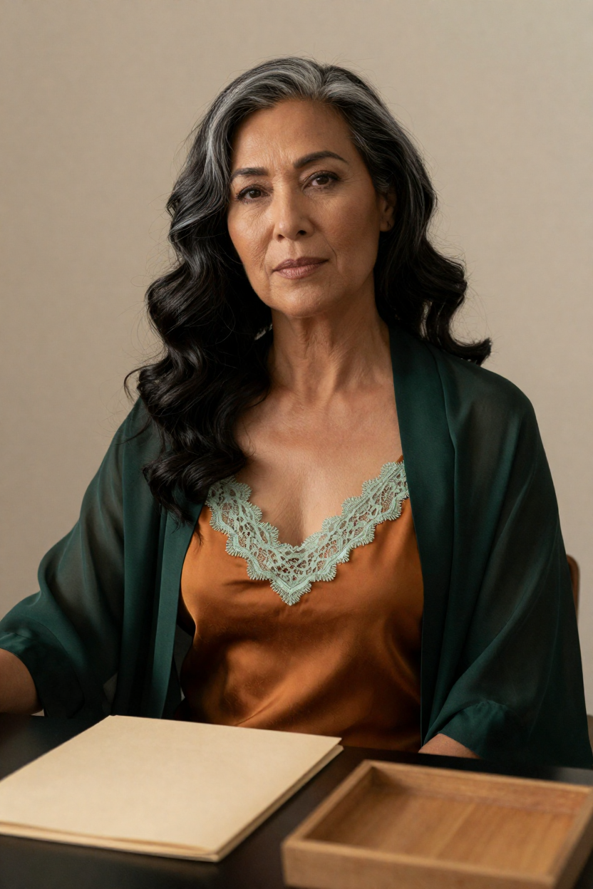Photorealistic portrait of a fictional 47-year-old woman, black hair with silver strands worn in long loose